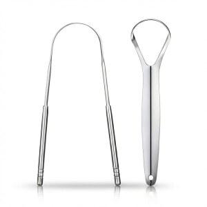 여행 케이스가 있는 혀 스크레이퍼(2팩), 스테인리스 스틸 메탈 클리너, 신선한 입냄새와 구강 위생을 위한 듀얼 디자인 스크러버.