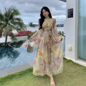 스트레인지 원피스 치마 여성 빈티지 프린트 롱스커트 바캉스 쉬폰 벌룬 긴팔 소매 보헤미안 해변 데일리룩