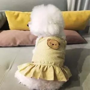 강아지 끈나시 체크원피스 프릴 애견 곰돌이 실내복