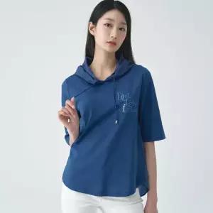 [지센] 자수 레터링 5부 후드 티셔츠 LSTSO353_BL