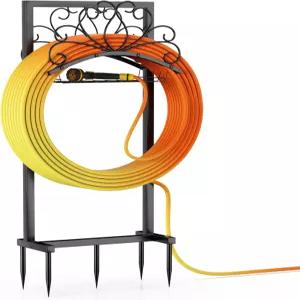 TOVEYI 가든 호스 홀더 탈착식 보관 바구니가 있는 튼튼한 금속 물 야외 잔디를 위한 독립형 스탠드 및