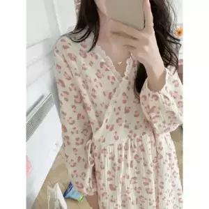 롱 봄 빅사이즈 잠옷세트 이중사 호피 커플 파자마 가운 OP1