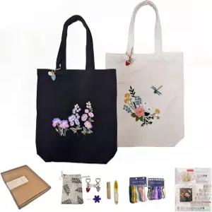 초보자를 위한 스피두라 자수 키트 - 플로럴 크로스 스티치 패턴이 있는 듀얼 캔버스 토트백 후프 스레드