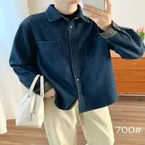 여성 데님 빈티지 캐주얼 무지데님 셔츠 기모 체크 소매 터틀넥 싱글 보온 상의 KS1