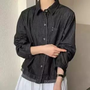 여사친 청 빈티지 봄 무지데님 셔츠 싱글 체크 긴팔 칼라 블레이저 KS1