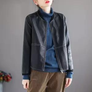 캐주얼 가을 여자 야구 점퍼 앤티크룩 넥 PU가죽 가죽옷 집업 퓨어 루즈핏 긴팔 코트 CH3