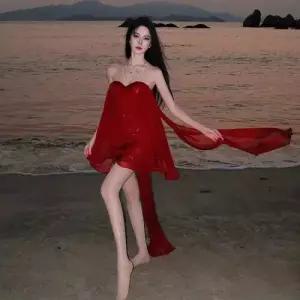 여사친 치마 원피스 빨강 바캉스 섬 쉬폰 톱 KS1