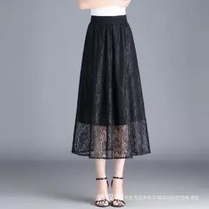 여성용 스커트 아일릿 밴딩 초여름 쉬폰 플리츠 레이스 A라인 CH1