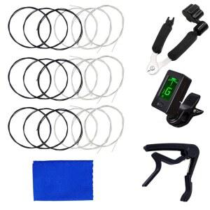 클래식 기타 줄 나일론 블랙 3 풀 세트, 튜너 포함, 3 in 1 레스트링 도구, 카포, 청소용