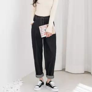 여자 블랙 핀턱 오버핏 허리 뒷밴딩 배기 데님 청바지 RaQ9+2aLY