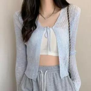 [의류] 리본 스트랩 골지 시스루 여성 긴팔 슬림핏 가디건