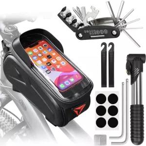 자전거 수리 키트 타이어 펌프가 장착된 가방 캠핑 여행용 도구 16-in-1 멀티툴 4mm 및 5mm 앨런 렌치 산악