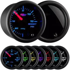 글로우시프트 틴티드 7 컬러 15 PSI 터보 부스트/진공 게이지 키트 - 기계식 호스 T 피팅 및 배선 포함