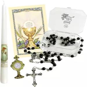 촛불 검은 묵주 라펠 핀 기도 카드가 포함된 첫 번째 성찬식 세트 소년을 위한 가톨릭 선물 디어 (4팩)