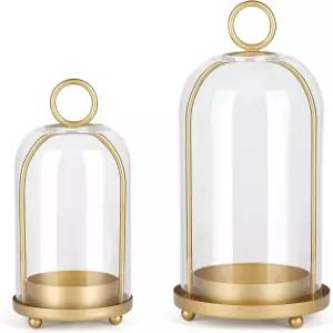 수제 유리 돔 앤티크 황동 기둥 캔들 스탠드가 있는 다용도 금속 홀더 세트 5.2인치 및 4.1인치 너비의