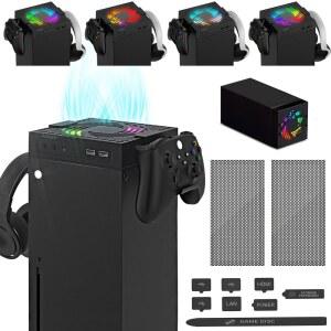 Xbox Series X 콘솔용 Ankey 자동 냉각 팬, 컨트롤러 헤드폰용 온도 제어 팬 시스템 2 홀더 저소음 RGB 라이트 USB 포트 충전 및 데이터 제공
