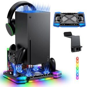 컨트롤러 충전기가 있는 Xbox Series X용 업그레이드된 RGB 냉각 팬 스탠드: X 콘솔, 듀얼 충전 도크 및 쿨러 시스템 스테이션용 액세서리, 11가지 라이트 모드 헤드셋 후크 포함