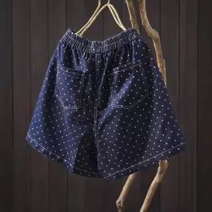 아브릴 여성데님반바지 여름 도트 프린트 데님 반바지 위에 허리 밴딩으로 날씬해 보이는 UNO2