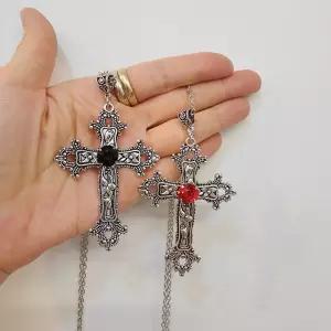 블랙 레드 큰 엔틱 빈티지 십자가 고딕 목걸이