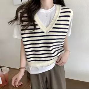 여성 귀여운 캐주얼 스트라이프 브이넥 조끼 베스트