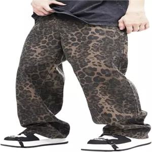 베르두사 남성 레오파드 프린트 배기 청바지 그룬지 와이드 레그 데님 팬츠 포켓 포함