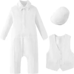 신생아 세례 의상 신사 보타이 롬퍼 화이트 웨딩 케이크 스매시 크리닝 점프수트