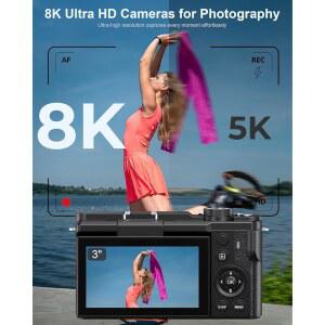 8K 디지털 플립 카드 800만 화소 후드 3인치 촬영용 UHD 카메라 18배 사진 오토포커스 카마라 스크린 180 비디오 64GB 렌즈