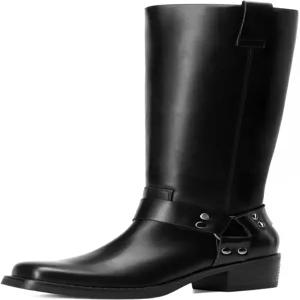 드림 페어 여성용 무릎 하이 부츠 모터사이클 라이딩 풀온 패션 롱 스퀘어 토 버클 바이커