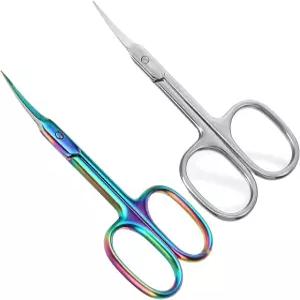 스테인리스 스틸 눈썹 가위 - 손톱 큐티클 속눈썹 수염(실버 및 컬러풀)용 휴대용 미세 곡선 매니큐어 2개