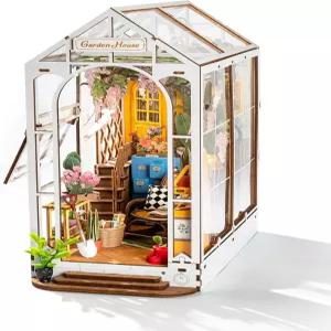 로라이프 DIY 북 누크 키트 나무 3D 퍼즐 북엔드 9.5인치 가든 하우스 미니어처 LED 책장 장식 예술 및