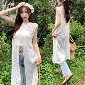 뷔스티에 나시 레이어드 롱원피스 펀칭 레이스 시스루 여름롱원피스 흰원피스 루즈핏원피스1185260