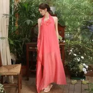 여성 원피스 치마 노랑 쉬폰 해변 바캉스 비치 홀터넥 슬리브리스 KS1