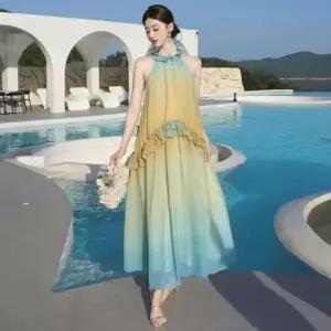 원피스 롱 여자 쉬폰 바캉스 해변 홀터넥 포토 비치 그라데이션 KS1