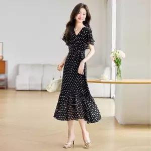 여친 원피스 여름 쉬폰 프렌치 소프트 도트 유니크하고 예쁜 슬림핏 플레어 롱스커트 Q KS1