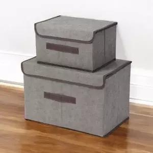 실속구성 린넨 리빙박스 2종세트 그레이 옷정리함