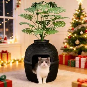 팬사펀 대형 고양이 쓰레기통 인조 식물이 있는 숨겨진 라탄 패턴이 인클로저 가구 거실용 PP 상자 침실