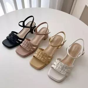 [에이치플러스몰]소가죽 위빙스트랩 스퀘어토 로우힐 샌들 여성화 6SS