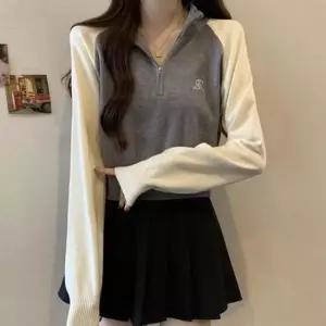 [의류] 뜨개탑 포인트컬러 투컬러베이직 크롭핏 일상템 롱셔츠 지퍼업