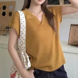 [옷은날개] 여성 골지 니트 카라 브이넥 반팔티 여름 슬림핏 니트