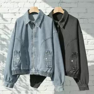 여자 캐주얼 워싱 오버핏 크롭 데님 카라 블루종 점퍼