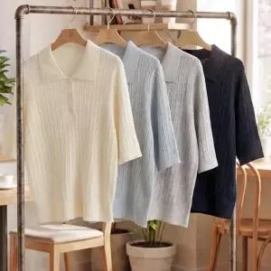 [다잇템] 여자 반소매 클래식 데일리 폴로 꽈배기 스웨터 상의