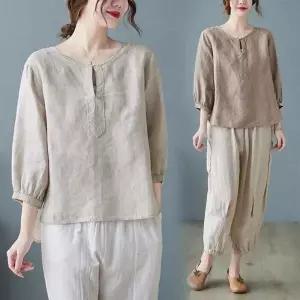 버튼 레이스 7부 티셔츠 여름 반팔 블라우스 상의