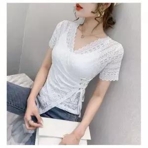 레이스 브이넥 슬림핏 반팔 티셔츠 코르셋 여성용 S21