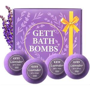 GETT 라벤더 배스 폭탄 4개, 남성과 여성을 위한 개별 포장 폭탄, 및 에센셜 오일이 함유된 럭셔리 선물 세트, 이완 보습 버블 배스, 목욕 필수품