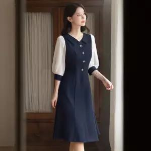 [시크라인] (~XXL까지) 프메카 플랫카라 시스루 배색 원피스 봄 가을 하객룩 오피스룩 모임룩 격식룩 빅사이즈