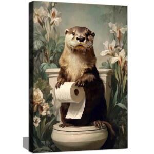 재미있는 수달 욕실 캔버스 월 아트 데코, 동물 수달이 화장지 롤 아트워크 프린트, 빈티지 식물성 꽃 화장실 벽 데코 12x16