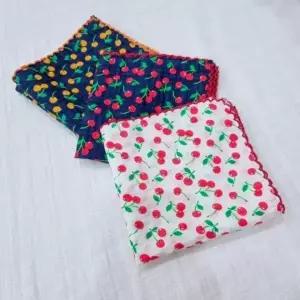 체리 아사면 자수 손수건 정사각 스카프