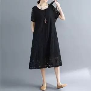 [라일리여성의류] Rly 반팔 루즈핏 레이스 반소매 롱 원피스 반팔 자수