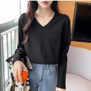 [라일리여성의류] Rly 에스이오앤오 블랙 화이트 무지 브이넥 긴팔 티셔