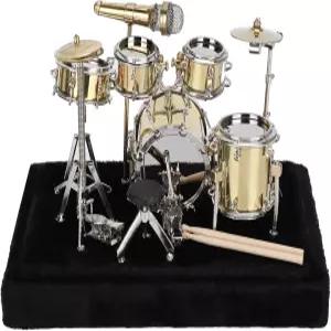 디스플레이 박스와 베이스가 있는 미니 드럼 세트 메탈 키트 미니어처 악기 선물 가족 친구를 위한